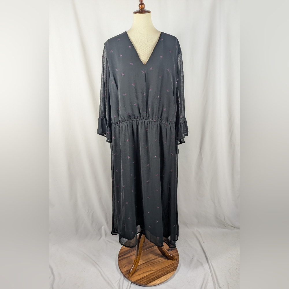 Ava & Viv Black Ditsy Floral Midi Dress V-Neck Semi Sheer Sleeves Plus Size 4X